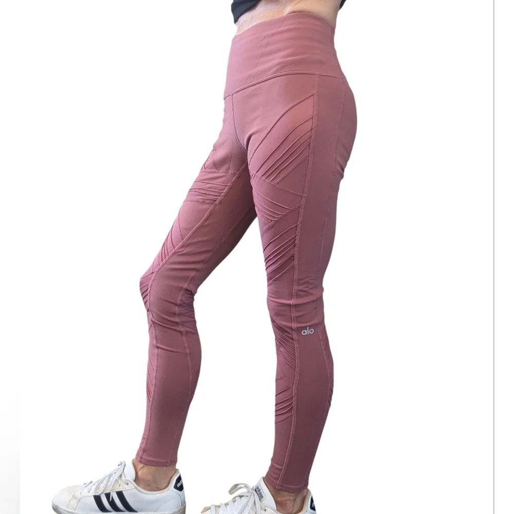 Alo Yoga Moto Leggings Mesh High Rise Burnt Rose Pink Activewear Pants M
